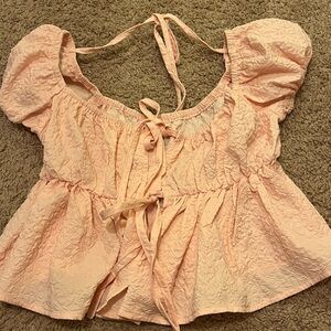 Pink Textured Tie-Front Puff Sleeve Top